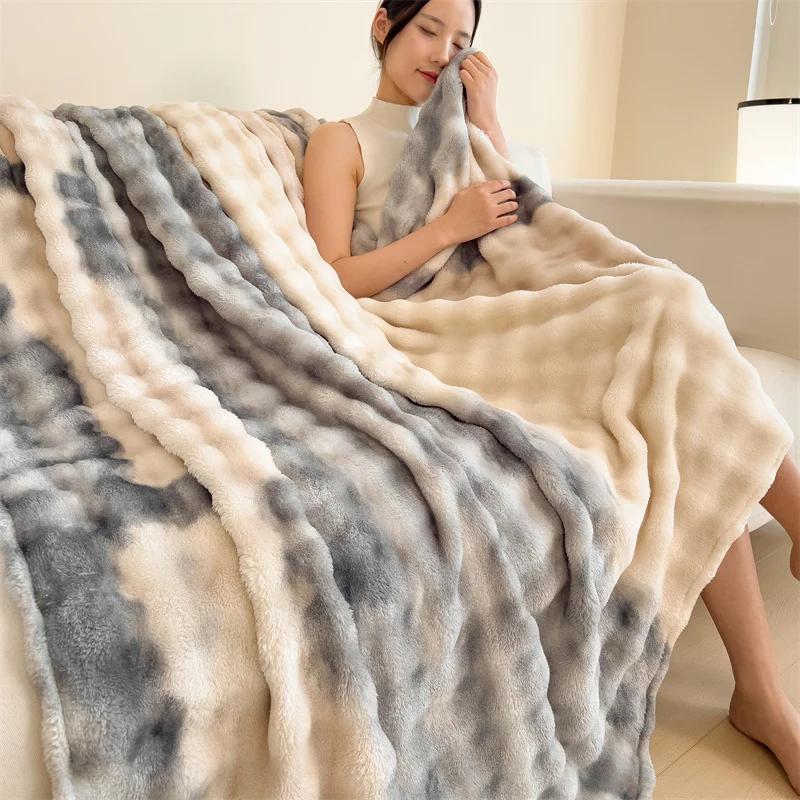 Luxury Faux Rabbit Fur Throw Blanket Winter Warm Soft Cozy Fluffy Home Decorative Tie-dye Bed Blankets Couch Sofa Furry Blanket