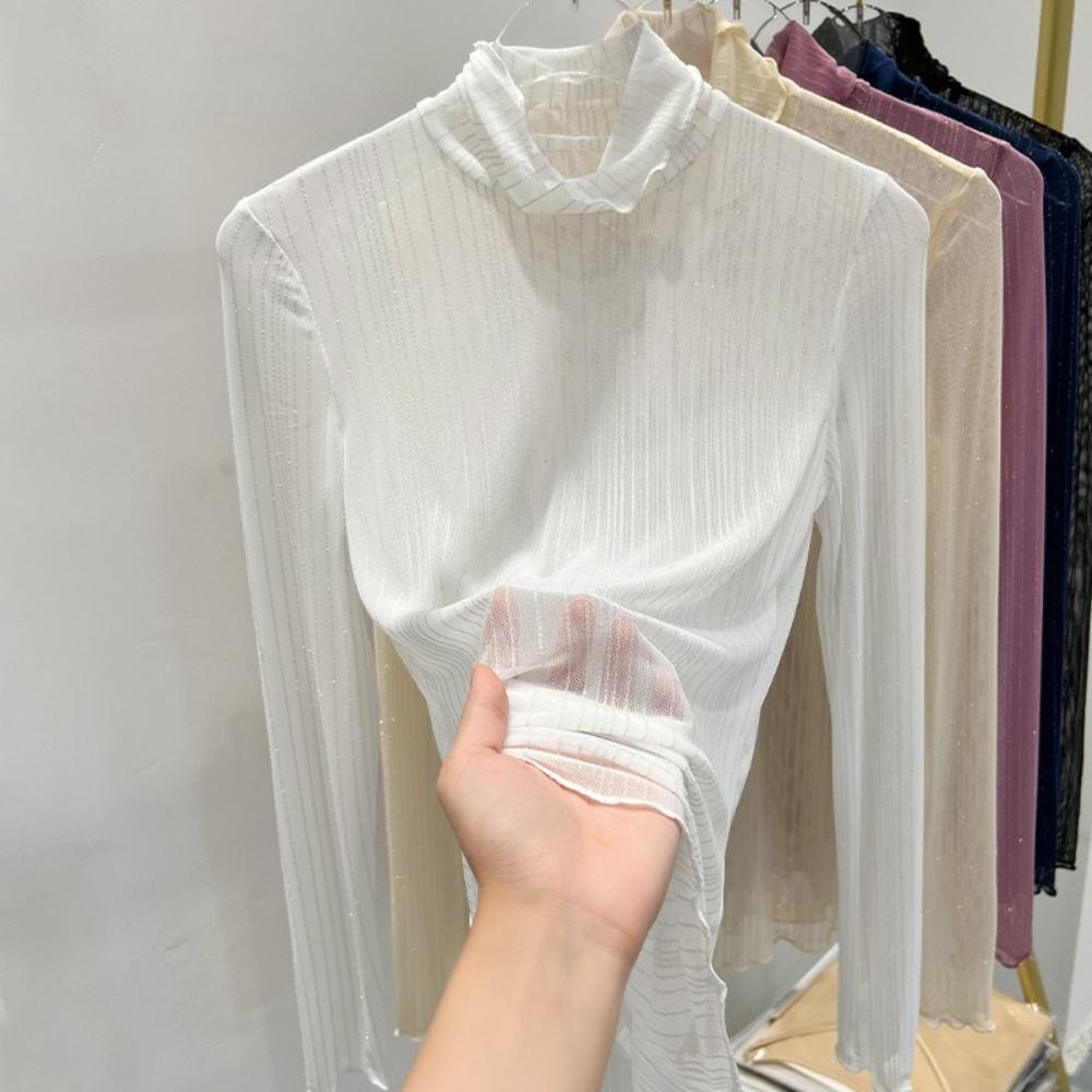 Women T-Shirt See Through Transparent Mesh Tops Long Sleeve Slim Ladies Turtleneck Silk Ruffled Edge T Shirt Lace Crop Top