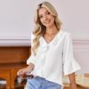 Camisa Gola V Manga Meia Ruffle Tops Acabamento Puro Pulôver Cor Ajuste Regular Tops de Camisa Casuais