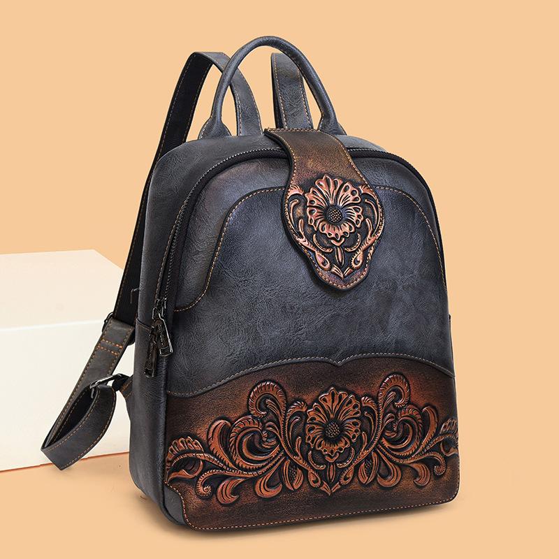 Western Tooled PU Leather Backpack for Women, Vintage Embossed Floral Backpack, Casual Travel Daypack Purse