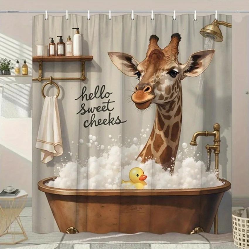 "Giraffe & Ente Duschvorhang für die Badewanne - Polyester, Waschbar, 6-12 Haken, Hello Sweet Cheeks Design, Modische Badezimmerdeko"