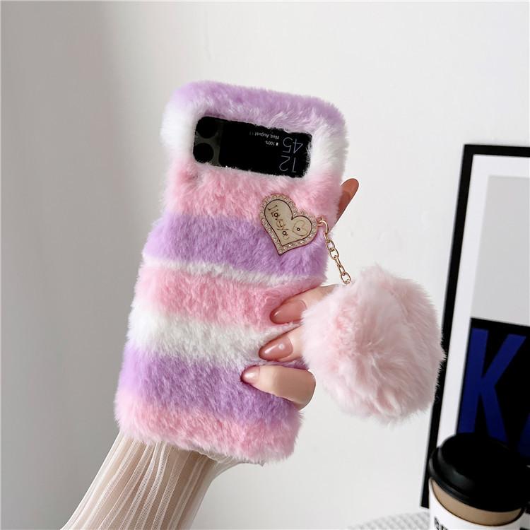 Applicable To Samsung Z Flip4 Plush Mobile Phone Case Zflip3 Bow Pearl Solid Color Protective Case Autumn and Winter Hair Case