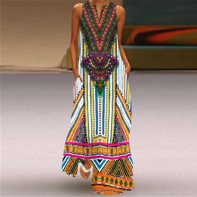 Europäisches und amerikanisches 2024-Damen-Kleid mit Retro-Print, V-Ausschnitt, ärmellos, Tasche