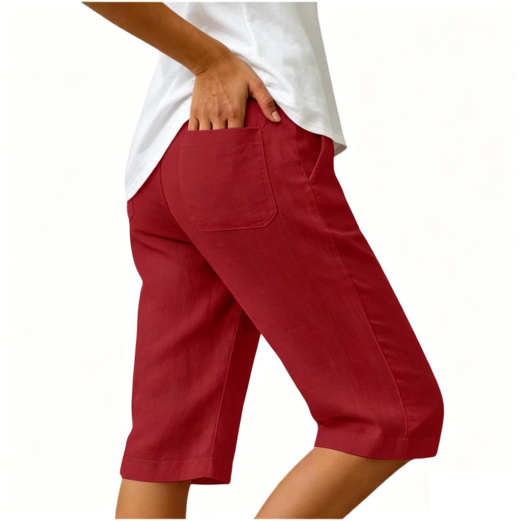 Women's Summer Fashion Elastic Waist Cotton Linen Five Quarter Pants Casual Loose Pocket Shorts