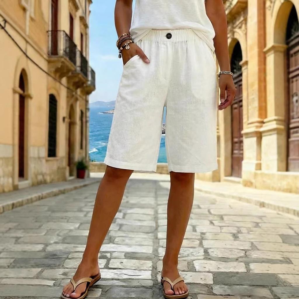 Women's Fashionable Color Elastic Waist Pocket Casual Loose Cotton And Linen  Five Quarter Shorts