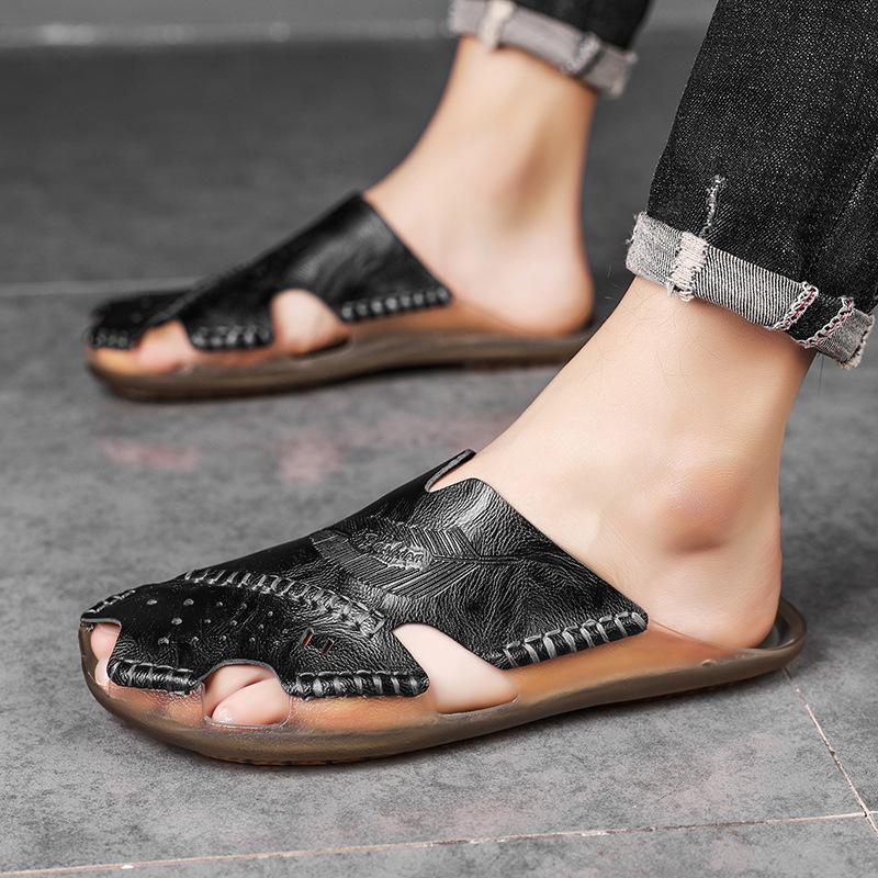 Summer new bag head slippers men's casual outer wear one-word leather sandals large size without heel half-drag trendy shoes