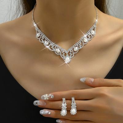 Simulation Pearl Inlaid Wedding Necklace Women Stud Earrings Jewelry Set
