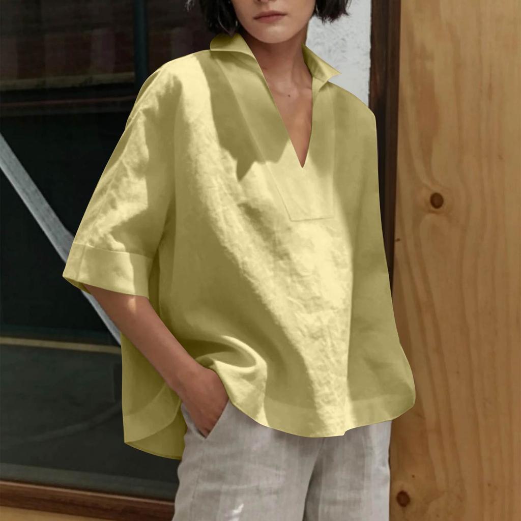 Women's Fashionable Casual Loose Fit Comfortable V Neck Shirt Versatile Three Quarter Sleeve Plus Size Top