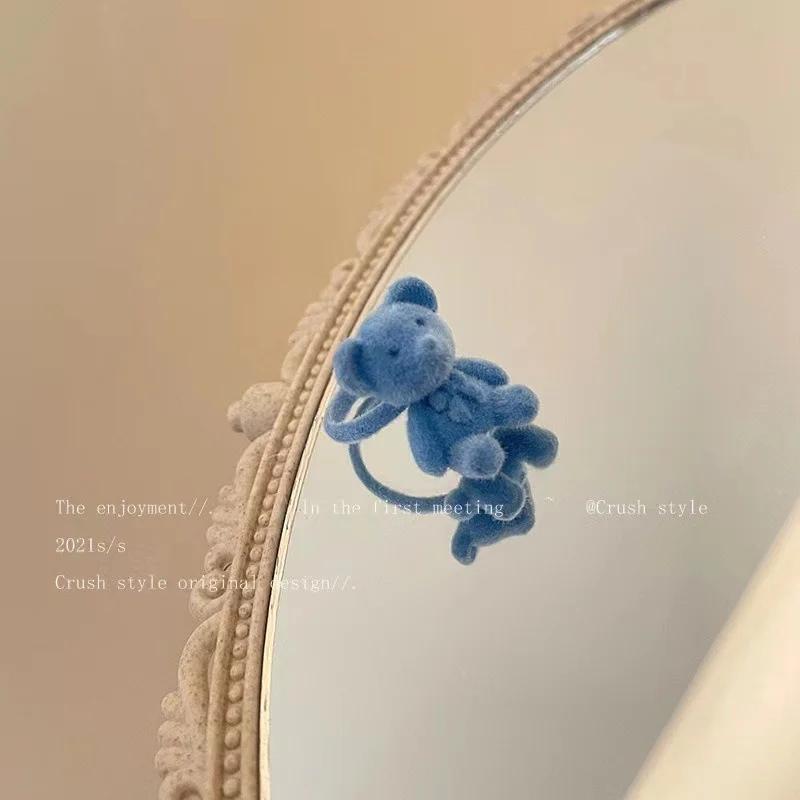 Neuer Schleifenbär Dreidimensionaler Ring Herbst und Winter Niedlich Mädchen Herz Beflockter Ring Curry Blau Rosa Samt Bär