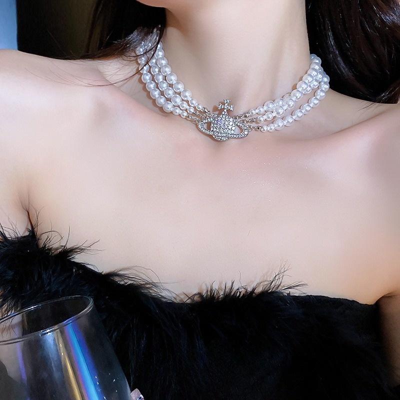 Saturn Luxurious Alloy Planet Orb Faux Diamond Pearl Women Choker Necklace
