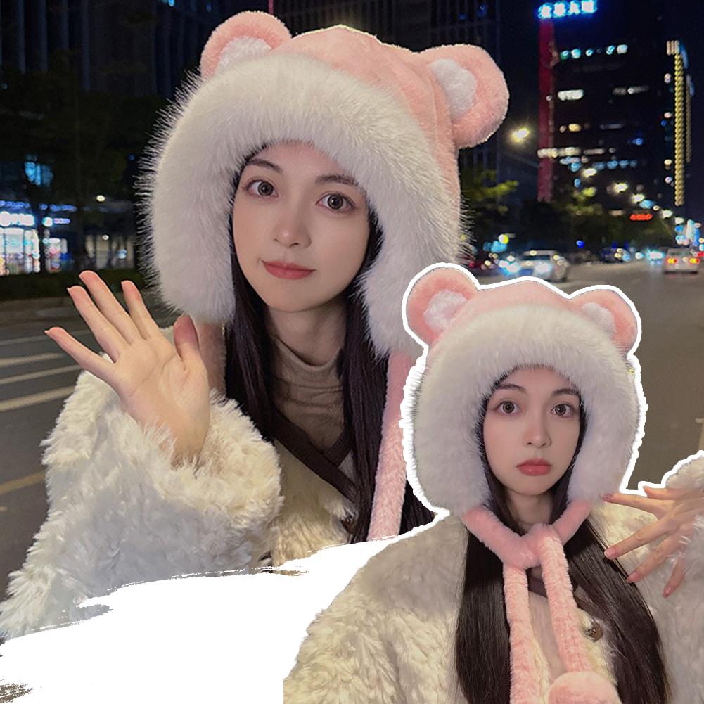 Korean Thickened Casual Warm Cap Simulation Faux Fur Mink Hat Cute Bear Ear Protection Autumn Winter Cap