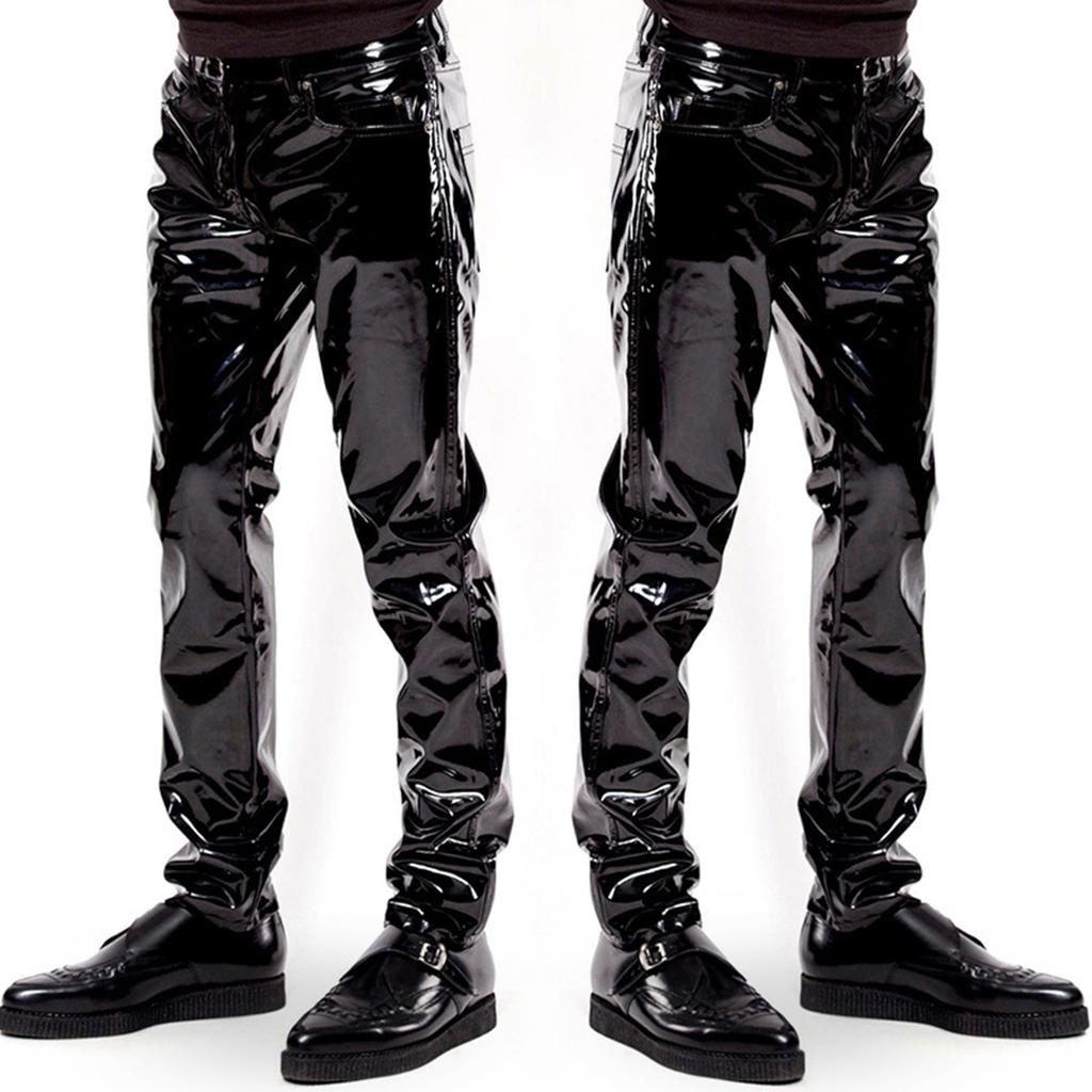 Pantalon Homme Aspect Mouillé Brillant Cuir Verni Taille Moyenne Jambe Droite Pantalon de Performance de Scène de Boîte de Nuit