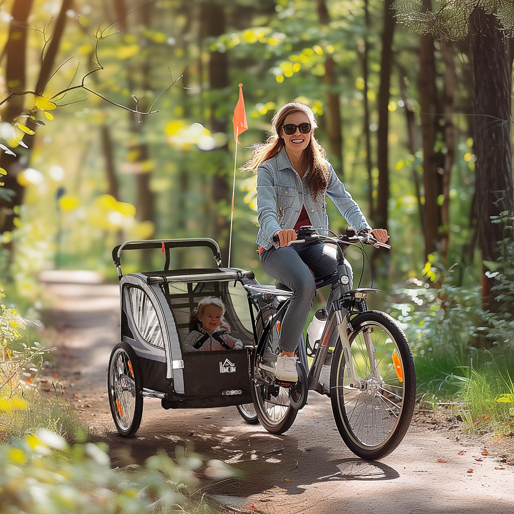 Carrellino per Bici da Bambino, Passeggino, con Freni, Pieghevole, per 2 Bambini, Grigio/Nero