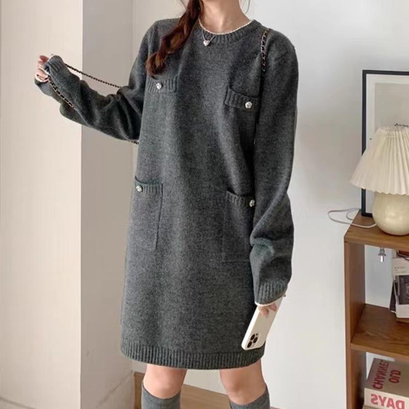 Crew neck false pocket design loose medium and long knitted dress autumn and winter new sweater skirt