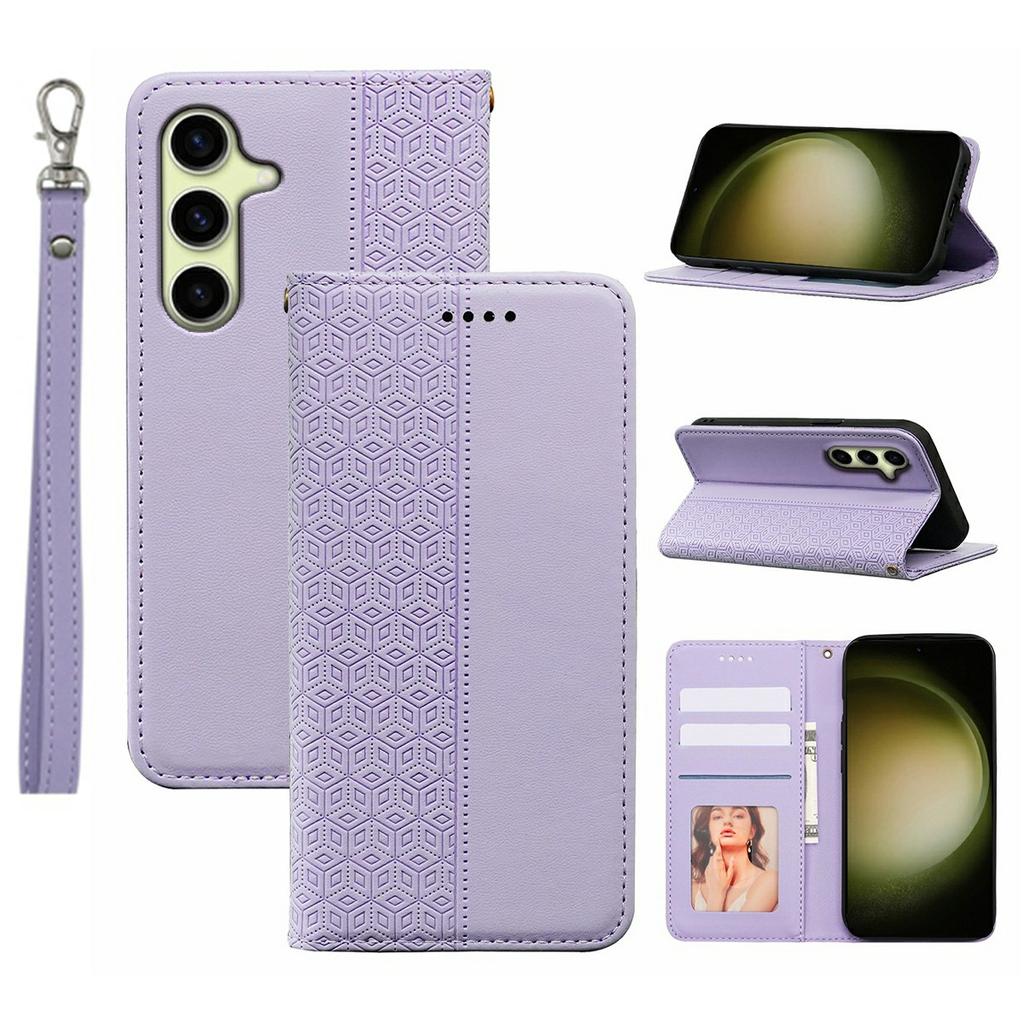 For Samsung Galaxy S26 Wallet Phone Case Checkered Pattern Imprint Leather Flip Cover with Wrist Strap