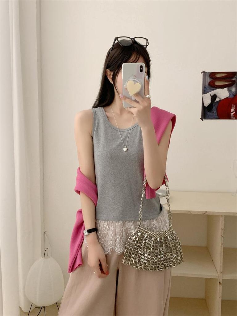 Frühling/Sommer 2025 Damen Ärmelloses Layering-Top mit Spitzensaum