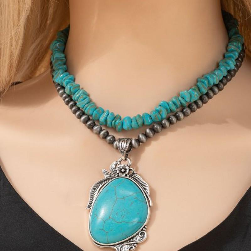 Boho Vintage Turquoise Chip Bead Layered Necklace Ethnic Style Alloy Pendant Chain Women Men