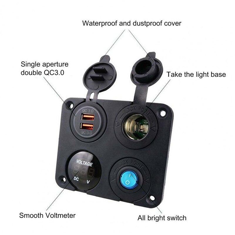 Panneau 4 en 1 Double Chargeur USB QC 3.0 pour Voiture Prise d'Alimentation Voltmètre Prise d'Alimentation Interrupteur à Bascule pour Bateau Marin Camping-car Camion