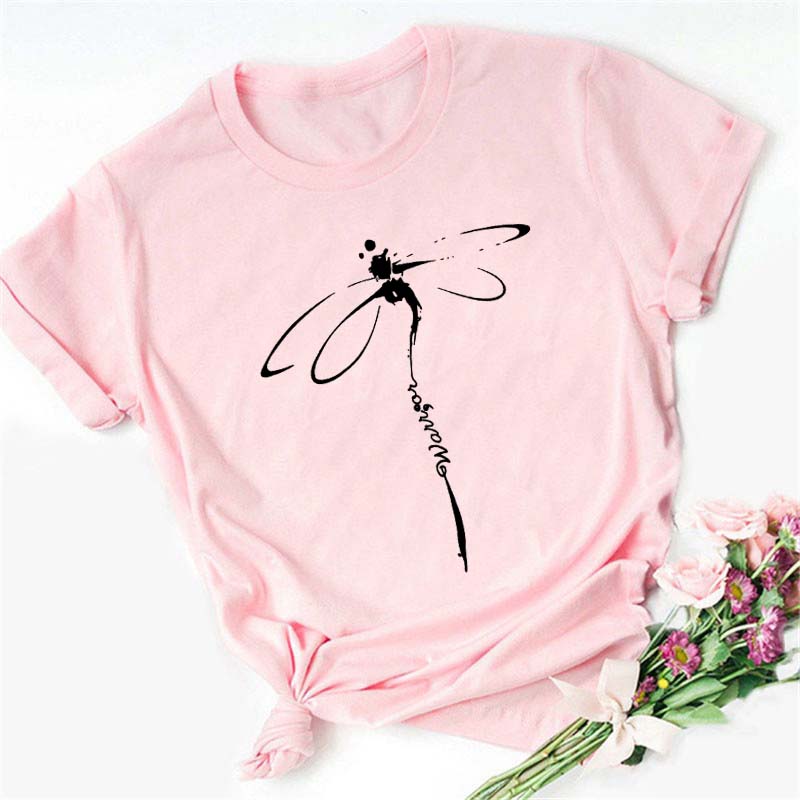 New Love Heart Dragonfly Print Women T-Shirt Fashion Casual Short Sleeves Ladies O-Collar T Shirts Streetwear Graphic Print Tops