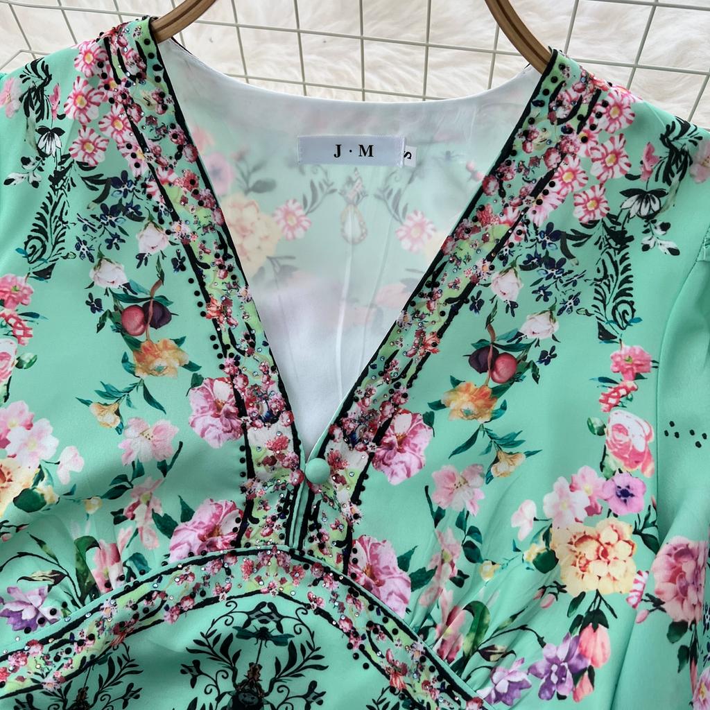 Spring Autumn Women Vintage Print Hot Drilling Chiffon V-neck Long Maxi Holiday Beach Dresses