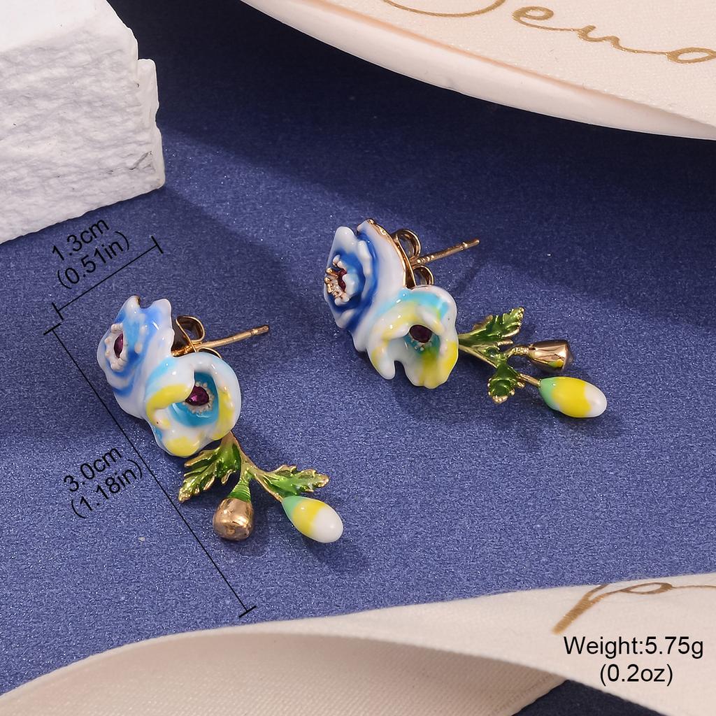 Fresh new Chinese flower stud oil painting style high-end enamel pearl earrings vintage national style tassel earrings women