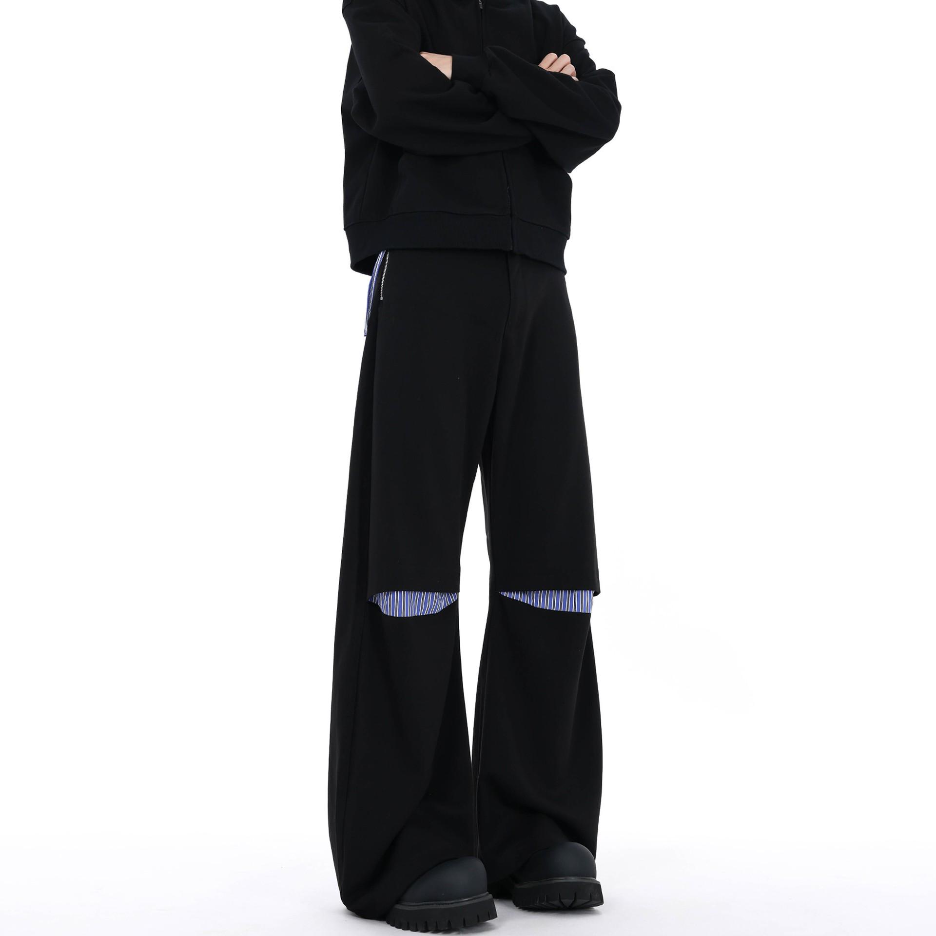

Unisex Trendy Ripped Patchwork Striped Flare Pants in Black XXXL