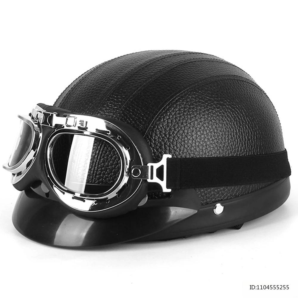 Vintage Half Helmet for Motorcycle Motorbike Leather Open Face Half Helmet Riding Casco Moto Scooter Moto Helmet DOT Approved
