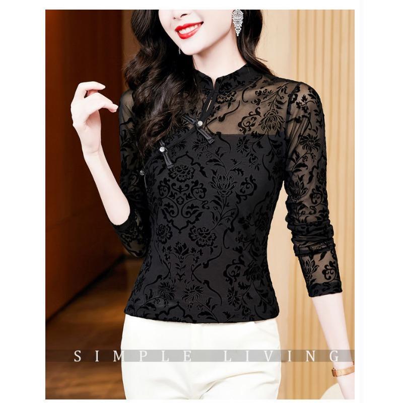 Black Mesh Bottoming Shirt for Women Long-sleeved Spring and Autumn New Chinese-style Button-down Top Foreign-style Lace Cheongsam Shirt