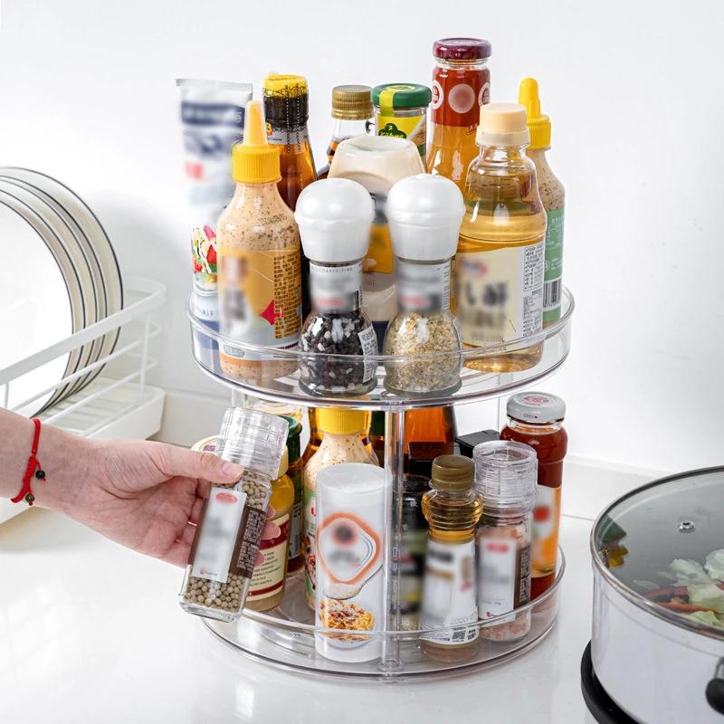 360° Rotating Spice Organizer 2 Tier Transparent Lazy Susan for Kitchen Counter Makeup Shelf Space Saving Turntable
