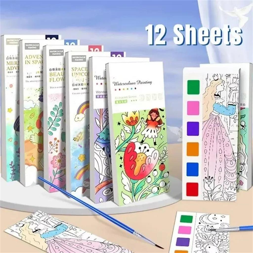 Kids Portable Watercolor Painting Book Paint With Water Brush Gouache Picture Coloring Drawing Toys Kindergarten Gifts