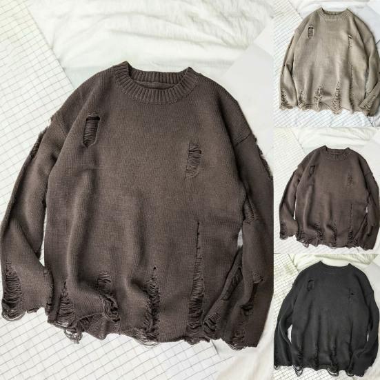 Men Sweater Solid Color Ripped O Neck Oversized Couple Sweater for Daily Wear
