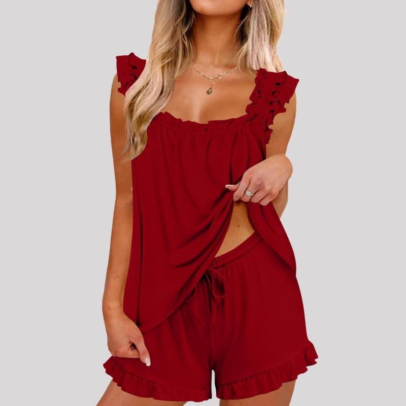 Women's Two Piece Set Ruffle Camisole Top Shorts Casual Summer Lounge Outfit