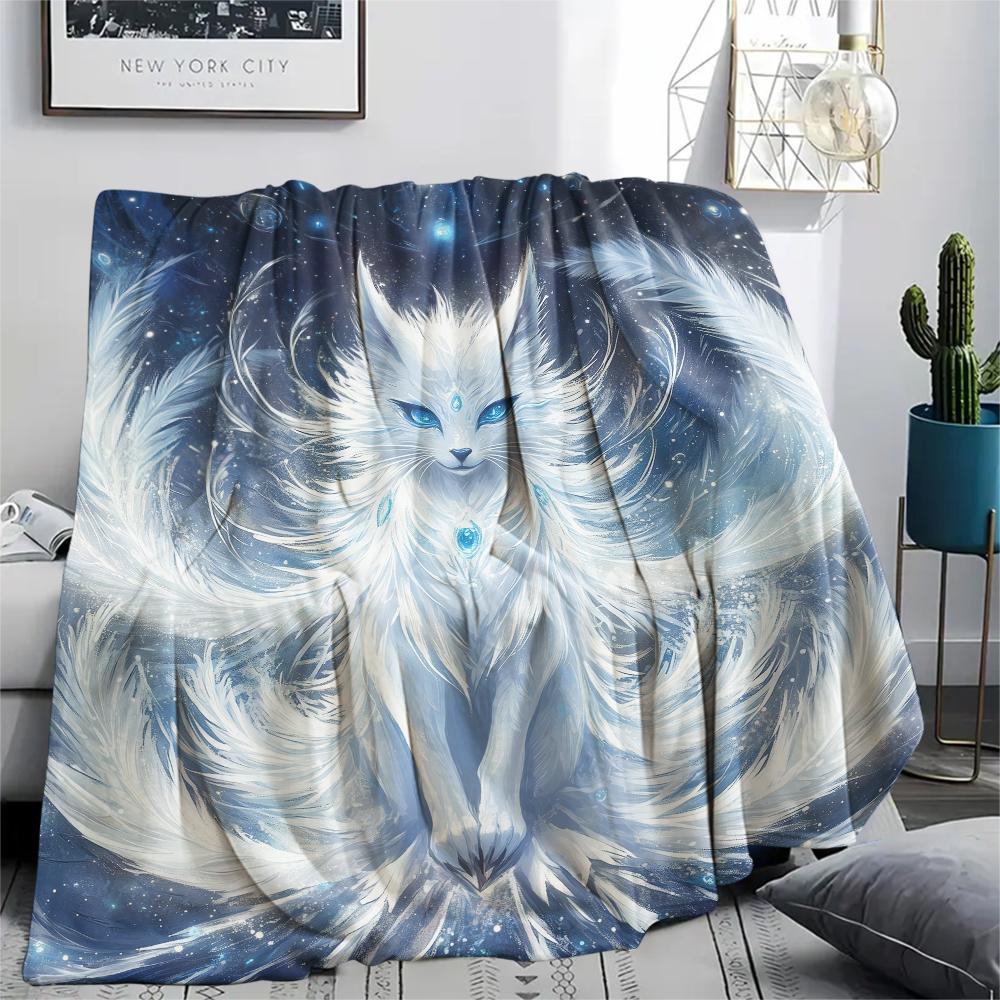 White Fox pattern Flannel Blanket, High quality Comfortable for All Seasons, Home Decor, Warmth and Comfort, Perfect for Gifts.