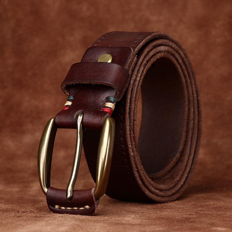 Retro Fashion Trend Versatile Copper Buckle Genuine Leather Belt Men'S First Layer Cowhide Old Pleated Jeans Belt Men'S