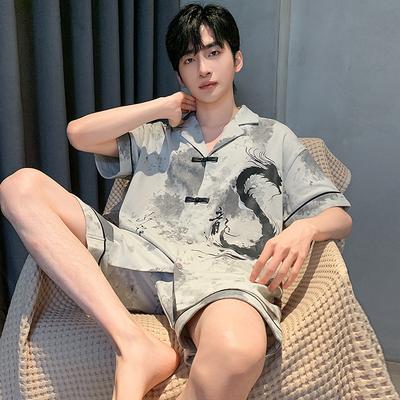 Herren Zweiteiliger Pyjama Chinesischer Retro Nationalstil Sommer Baumwollpyjama Kurzarm Shorts Cardigan Homewear Anzug