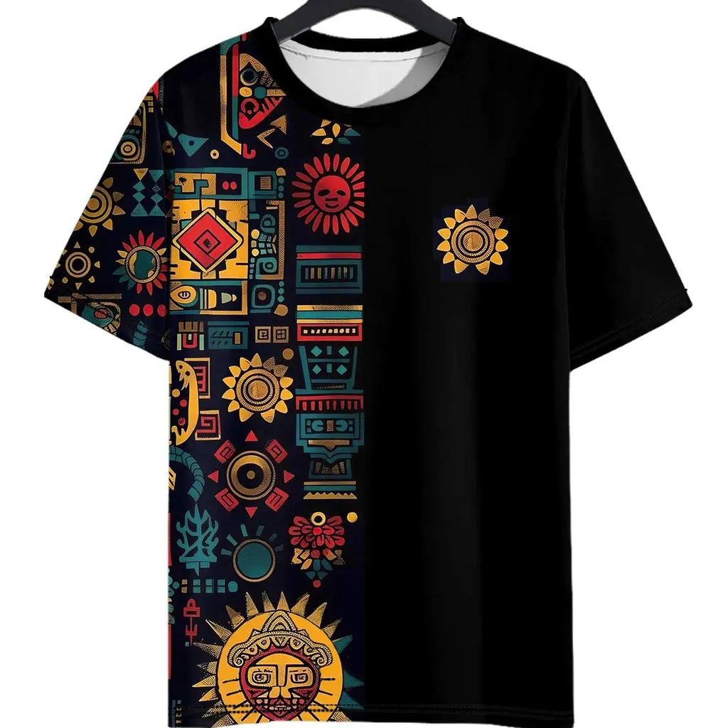 Vintage Ethnic Style Pattern Printed Men's T-Shirt Outdoor Casual Round Neck Short-Sleeved Street Male Oversized T-Shirts