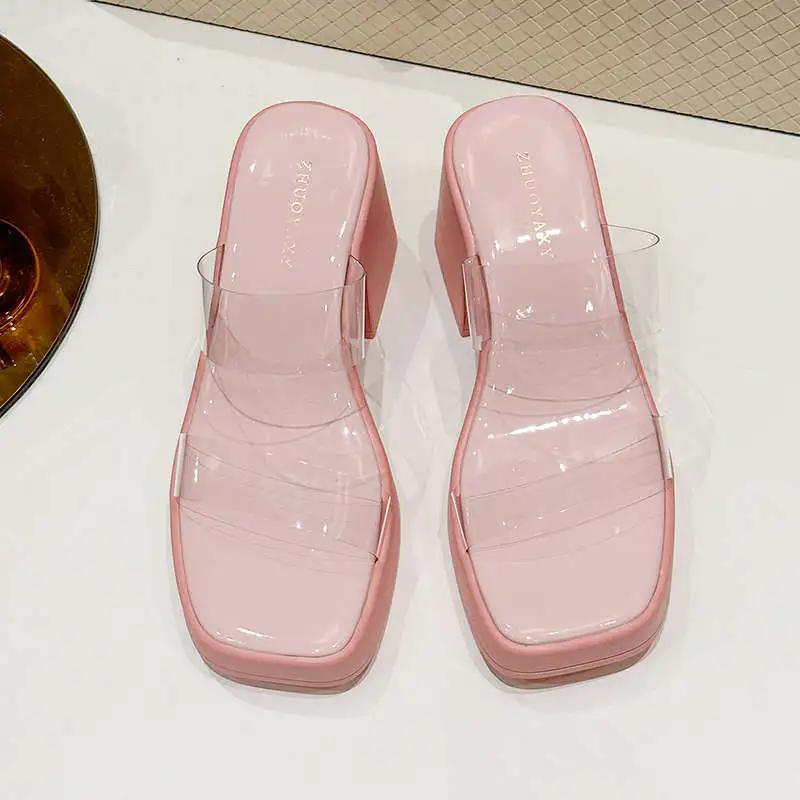 

WTEMPO Сандалии на высоком каблуке, женские летние, толстая мягкая подошва, уникальный прозрачный верх, абрикосовая подошва, толстый каблук, дышащие, модные, универсальные тапочки 39 розовый