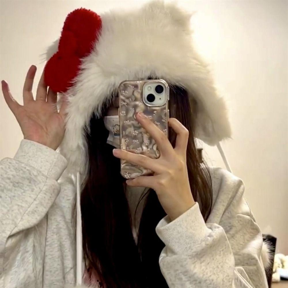 Korean Style Bow Beanie Hat Windproof Ear Protection Hat Fashion Plush Beanie Hat  Winter