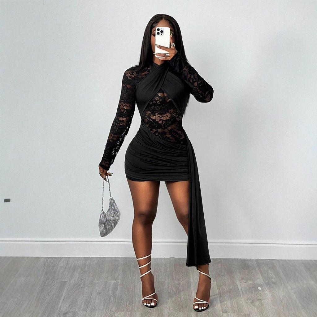 Spring and Autumn New Ladies Sexy Spice Girls Solid Color Neck Strap Lace Perspective Long Sleeve Hip Wrap Dress