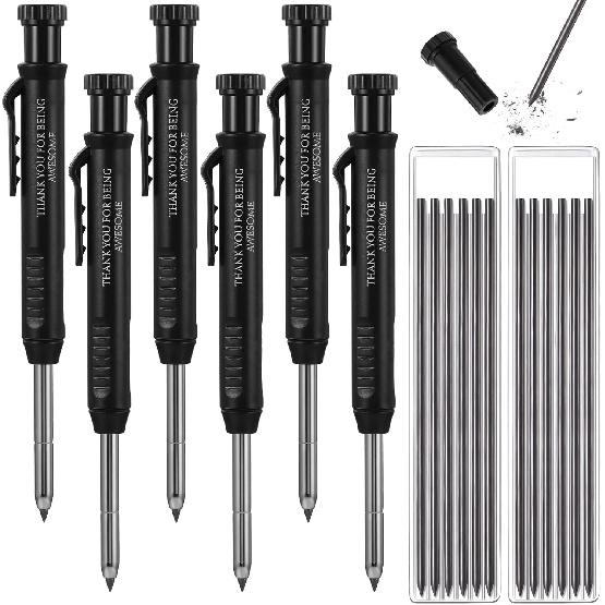 Colarr 10 Pcs Mechanical Carpenter Pencil with 60 Refill Deep Hole Mechanical Pencil Marker with Sharpener Black Solid for Carpentry Architect