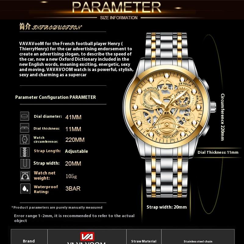 VA VA VOOM Men's Hollow Wrist Watch Student Waterproof Men's Watch Luminous Internet Celebrity Watch