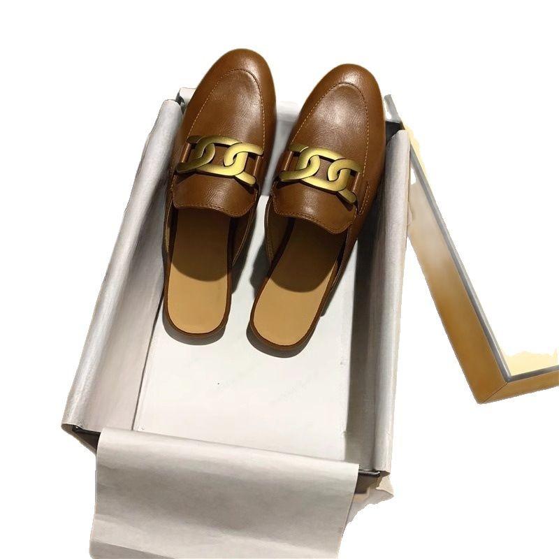 Flat-bottomed Bag Head Shoes Fashionable Round Head Metal Horse Buckle Casual Versatile Lazy Half Slippers Women