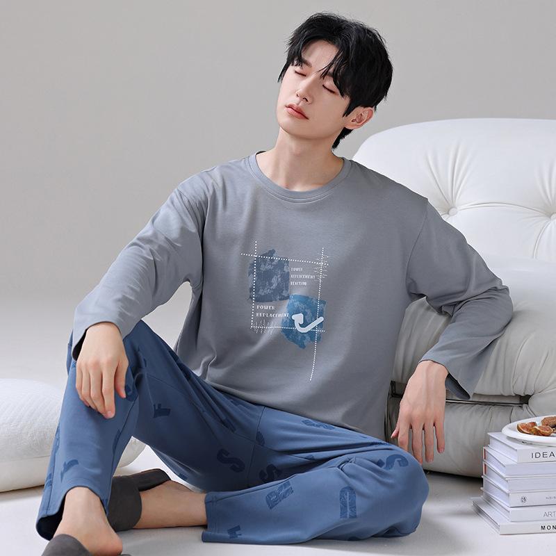 Pajamas men's spring and autumn pure cotton long-sleeved trousers men's teenagers can wear casual large-size loungewear in autumn