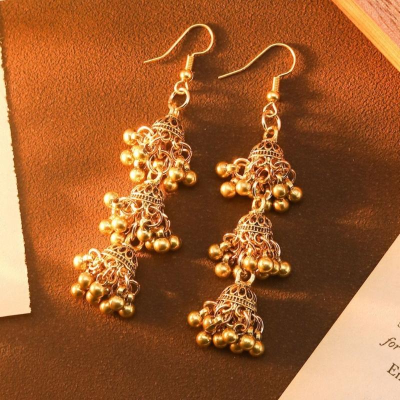Three Layer Hollow Out Bell Tassels Bohemian Dangling Earrings Pair Made From Sturdy Alloy Versatile For Casual And Formal Wear