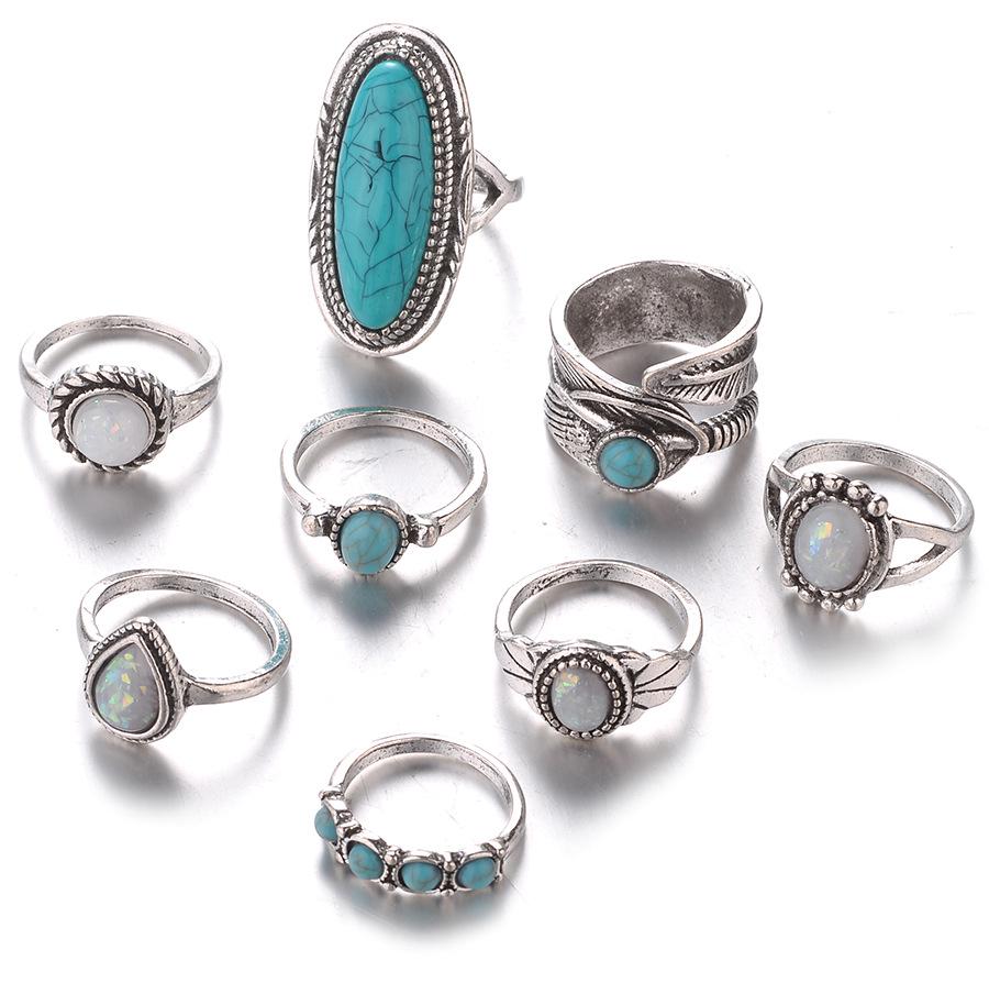 Retro Green Gemstone Opal Eight-Piece Ring Set - New Accessories