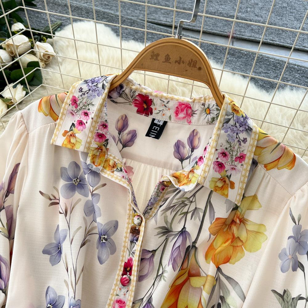 French retro elegant fashion printed dress women's autumn dress court style strap waist single-breasted pendulum dress