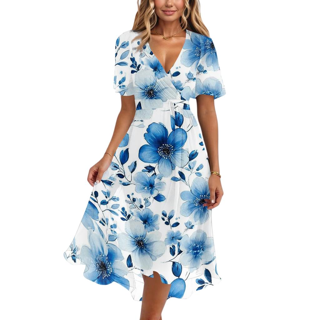 Women's Casual V Neck Short Sleeve Floral Print Dress Midi Length Wrap Style Lightweight Fabric Summer Dress