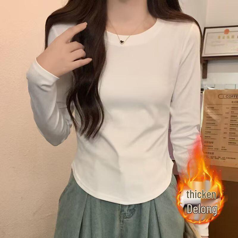 

Бархатная женская футболка с длинным рукавом облегающего кроя - Осень/Зима Однотонная с изогнутым подолом XL белый