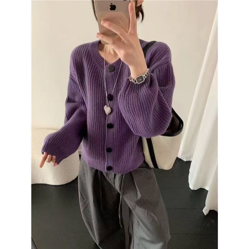 Autumn/winter new round neck single-breasted long-sleeve simple casual knit cardigan, lazy style sweater, thick jacket for women