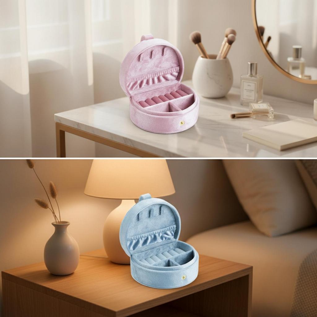 Compact Velvet Jewelry Box with Snap Closure Elegant Round
